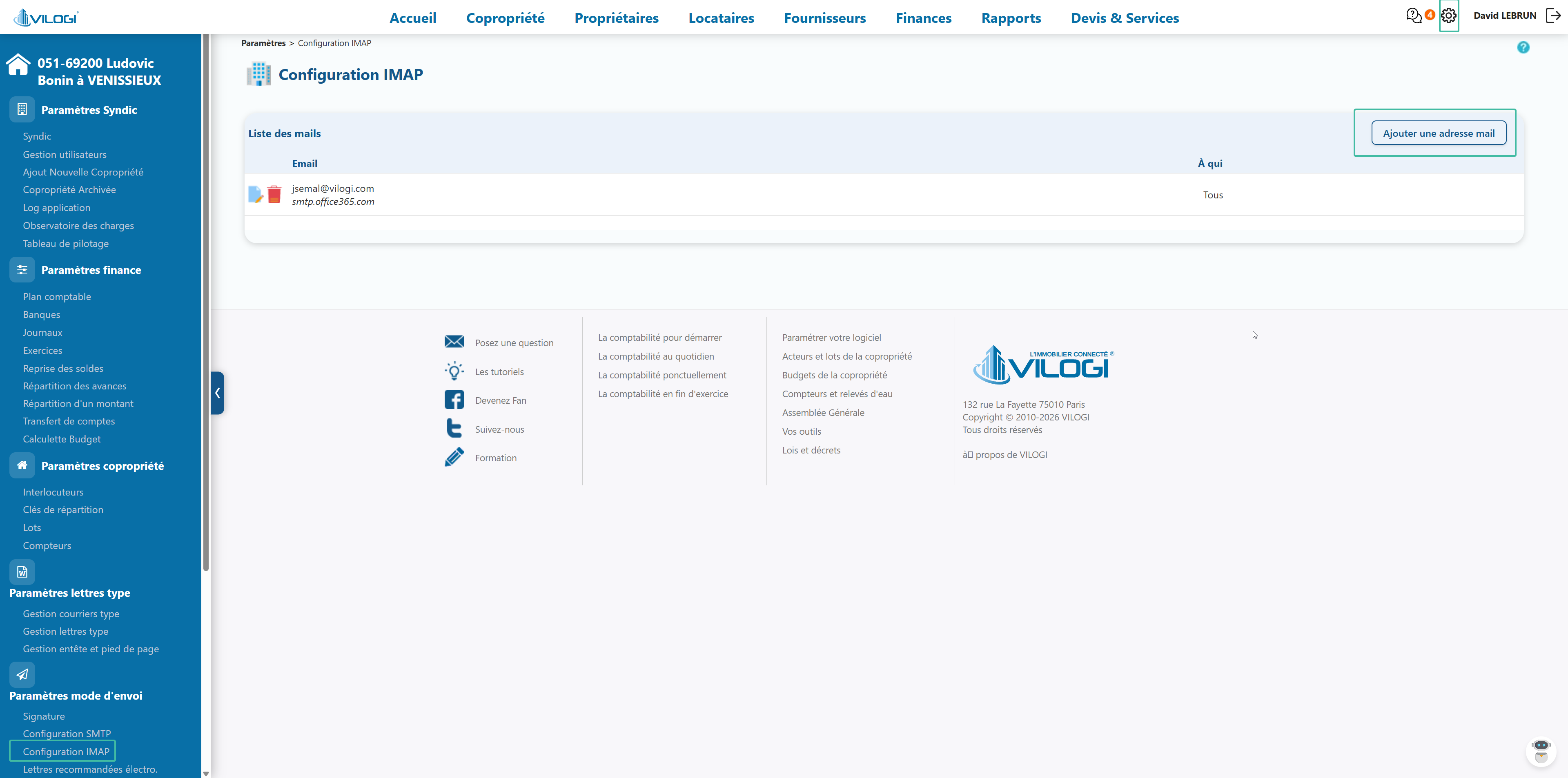 Configurer la messagerie IMAP pour recevoir des e-mails dans VILOGI Tutoriel logiciel immobilier pour syndics et administrateurs de biens